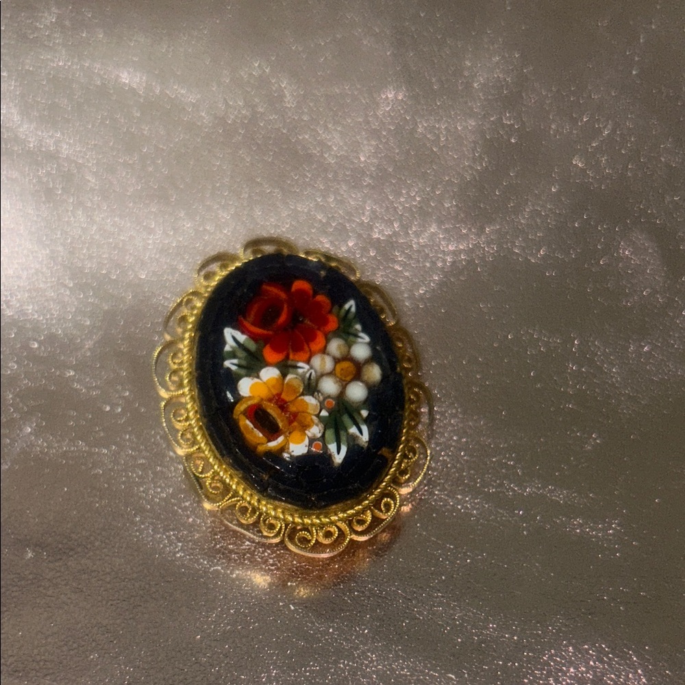 Vintage Mosaic Goldtone and Black Floral Brooch J1000